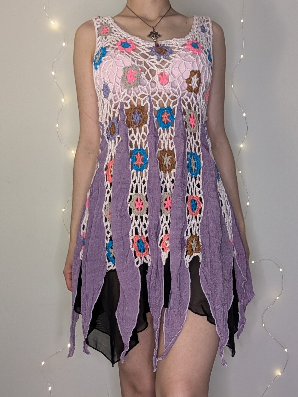 Purple Crochet Tank Tunic with Floral Motif And Handkerchief Hem - Fairy Dress